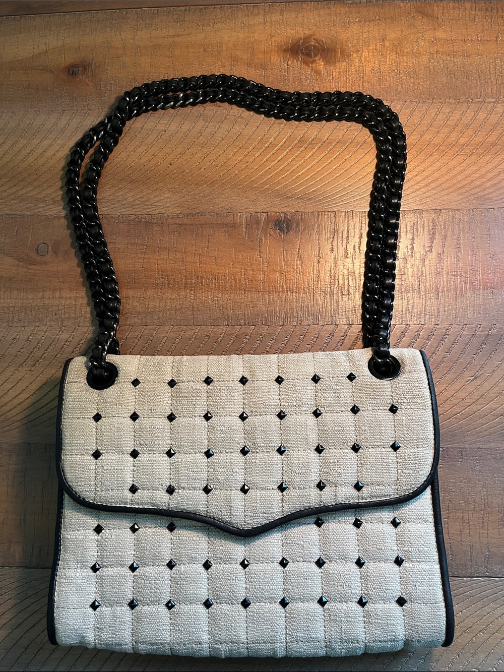 Rebecca Minkoff Light Gray/Cream Woven Shoulder Bag with Black Chain Strap